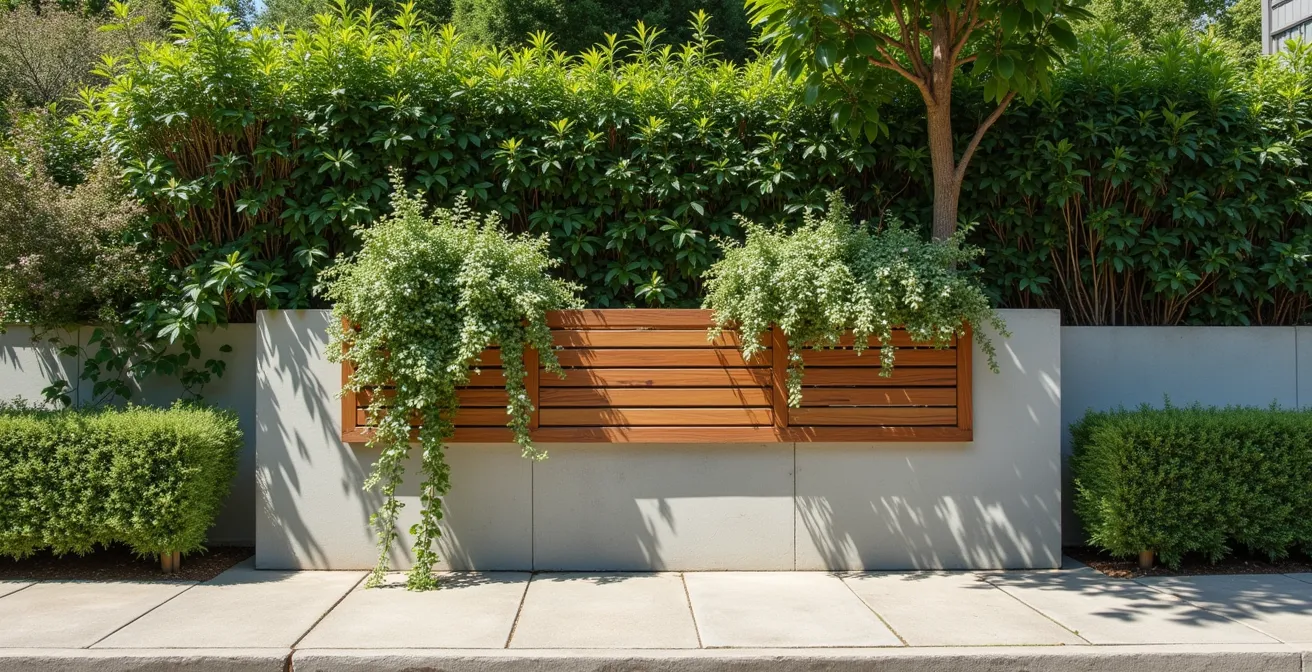 Clôture sur muret transformée en élément paysager avec jardinière et plantations intégrées