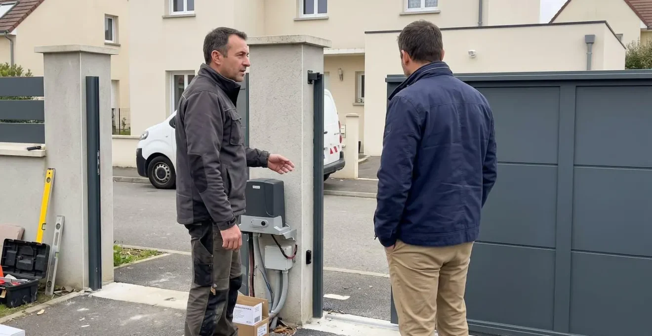 Un artisan menuisier et un propriétaire discutent devant un portail aluminium moderne en cours d'installation, tous deux vus de dos, geste de la main montrant le mécanisme de motorisation