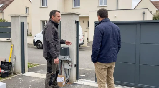 Un artisan menuisier et un propriétaire discutent devant un portail aluminium moderne en cours d'installation, tous deux vus de dos, geste de la main montrant le mécanisme de motorisation