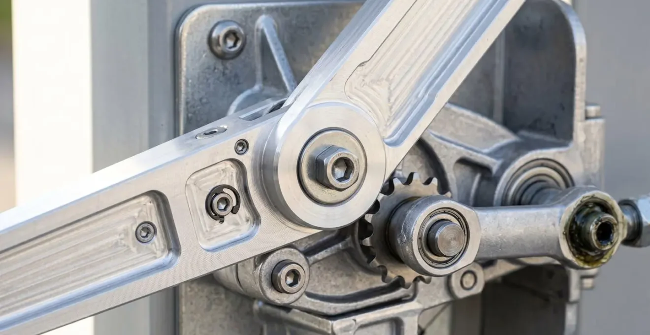 Gros plan sur un bras articulé de motorisation de portail en aluminium, détail de la liaison mécanique métallique, arrière-plan atelier flou