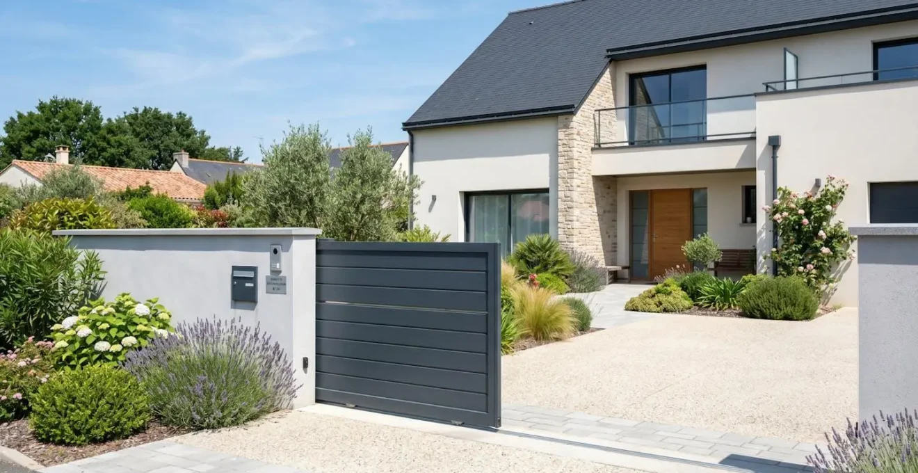 Portail aluminium coulissant moderne installé devant une maison contemporaine française avec jardin soigné, architecture résidentielle européenne, pas de présence humaine au premier plan