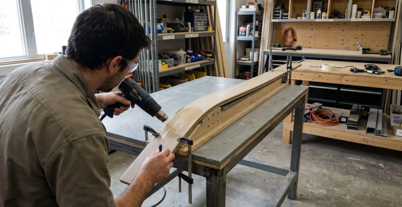 Artisan vu de dos utilisant un outil thermique professionnel pour cintre progressivement un profilé de terrasse en PVC composite sur un établi d'atelier bien éclairé
