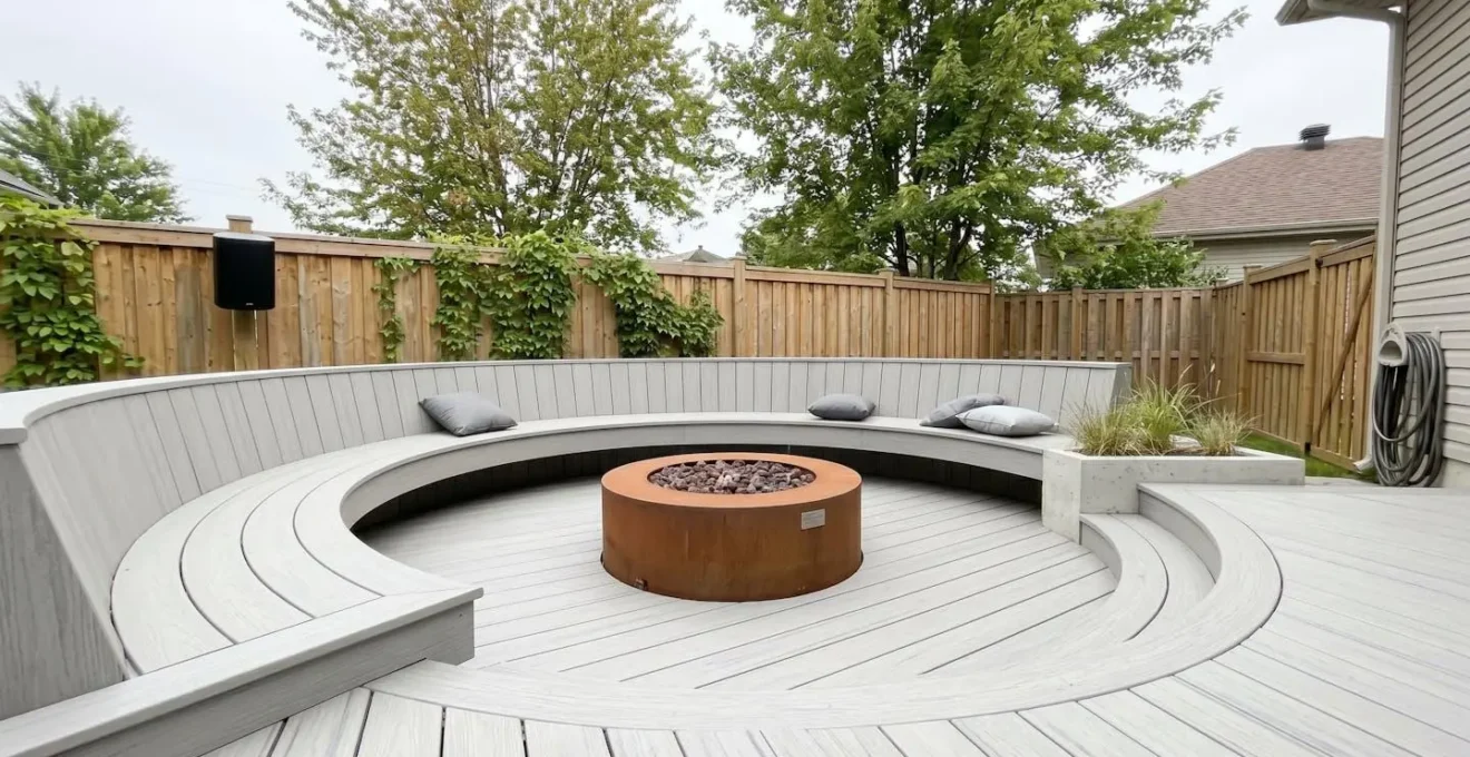 Banquette circulaire intégrée en composite PVC entourant un espace foyer aménagé sur une terrasse résidentielle québécoise, démontrant l'optimisation de l'espace disponible avec courbes fluides
