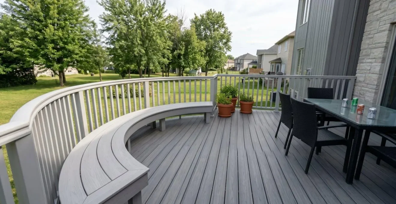 Vue d'ensemble d'une terrasse résidentielle moderne en composite PVC avec garde-corps arrondis fluides et banquette circulaire intégrée, dans une cour arrière typique du Québec