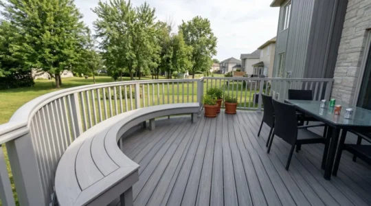 Vue d'ensemble d'une terrasse résidentielle moderne en composite PVC avec garde-corps arrondis fluides et banquette circulaire intégrée, dans une cour arrière typique du Québec